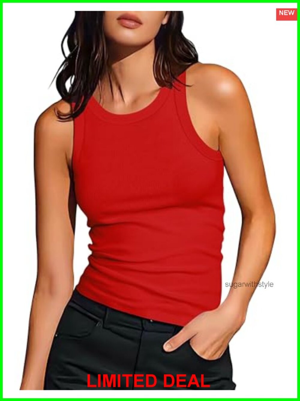 Sleeveless Ribbed Fitted Racerback Crew Neck Tank Top